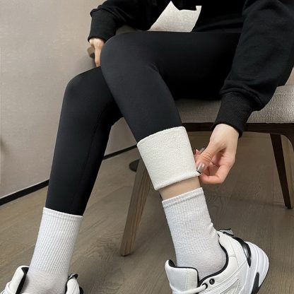 Warm Solid Color Fleece Lined Leggings - Image 2